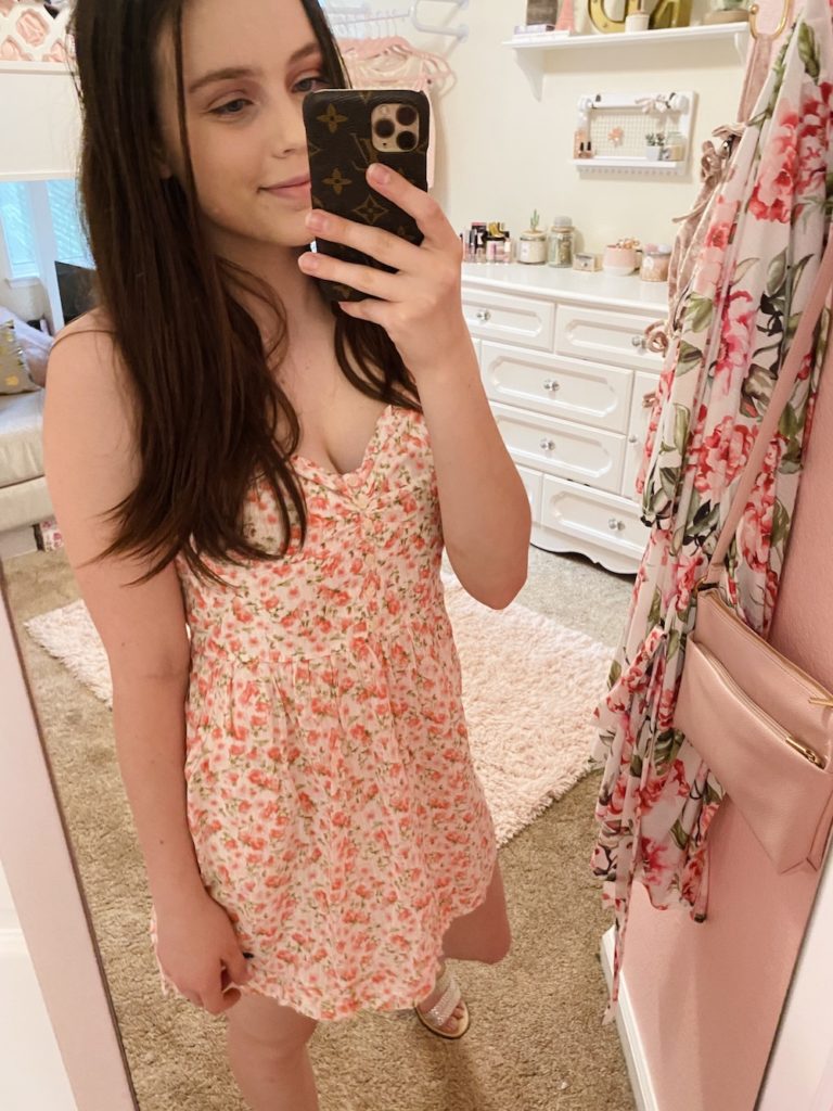 thredup review, pink, green, and white ditsy floral cami dress from abercrombie and fitch found on an online thrift store styled with the kersha taupe embellished sandals from target