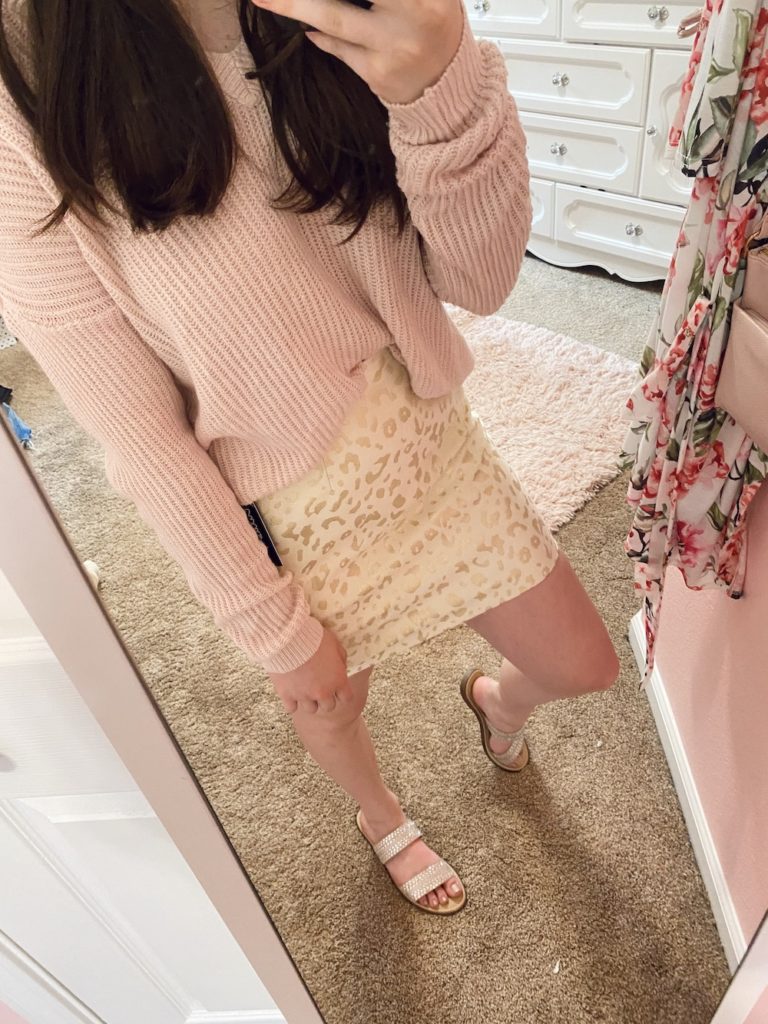 thredup review, pink v-neck ribbed sweater with gold and cream mini cheetah leopard print skirt from lulus found on the world's largest online thrift store with the kersha embellished taupe sandals from target