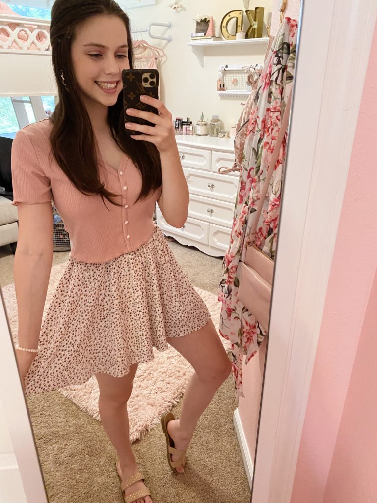 pink floral skirt outfit ideas | girly and pink fashion blog | sequins & satin