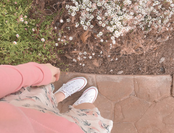 casual skirt outfits, pink sweatshirt with a floral, cream, and mint ruffled skirt, white low top converse, and rose gold rings