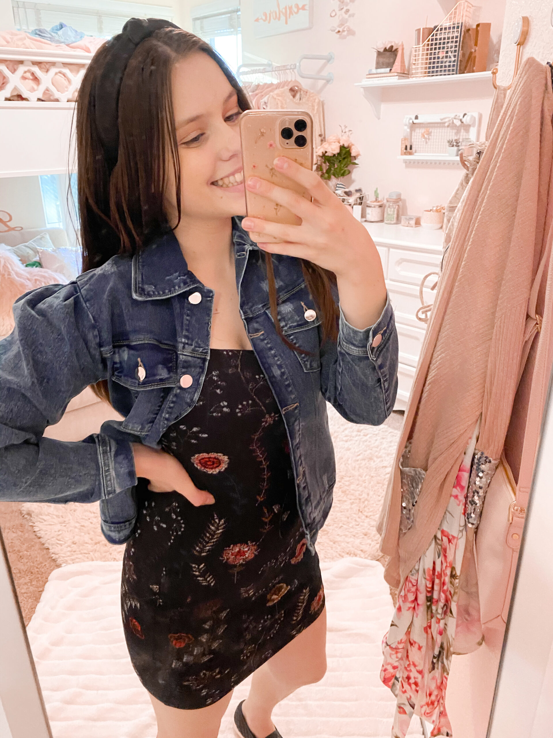 denim jacket and dress outfit , sequins and satin fashion blogger wearing puff sleeve denim jacket with floral bodycon black dress, and black slip on quilted sneakers for fall outfits inspiration