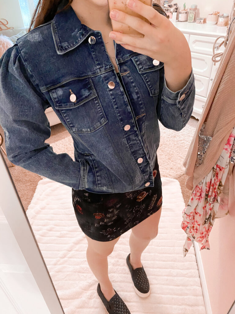 denim jacket and dress outfit , sequins and satin fashion blogger wearing puff sleeve denim jacket with floral bodycon black dress, and black slip on quilted sneakers for fall outfits inspiration