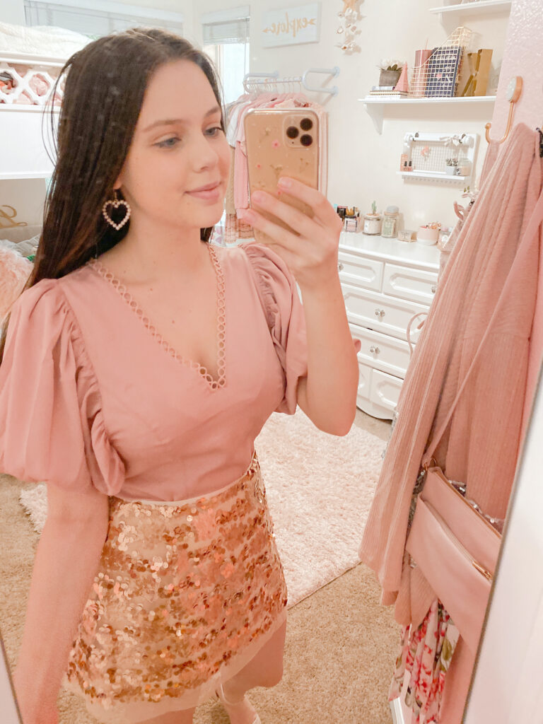 rose gold sequin skirt outfit, rose gold sequin skirt styled with pink satin puff sleeve top shown on sequins and satin fashion blogger