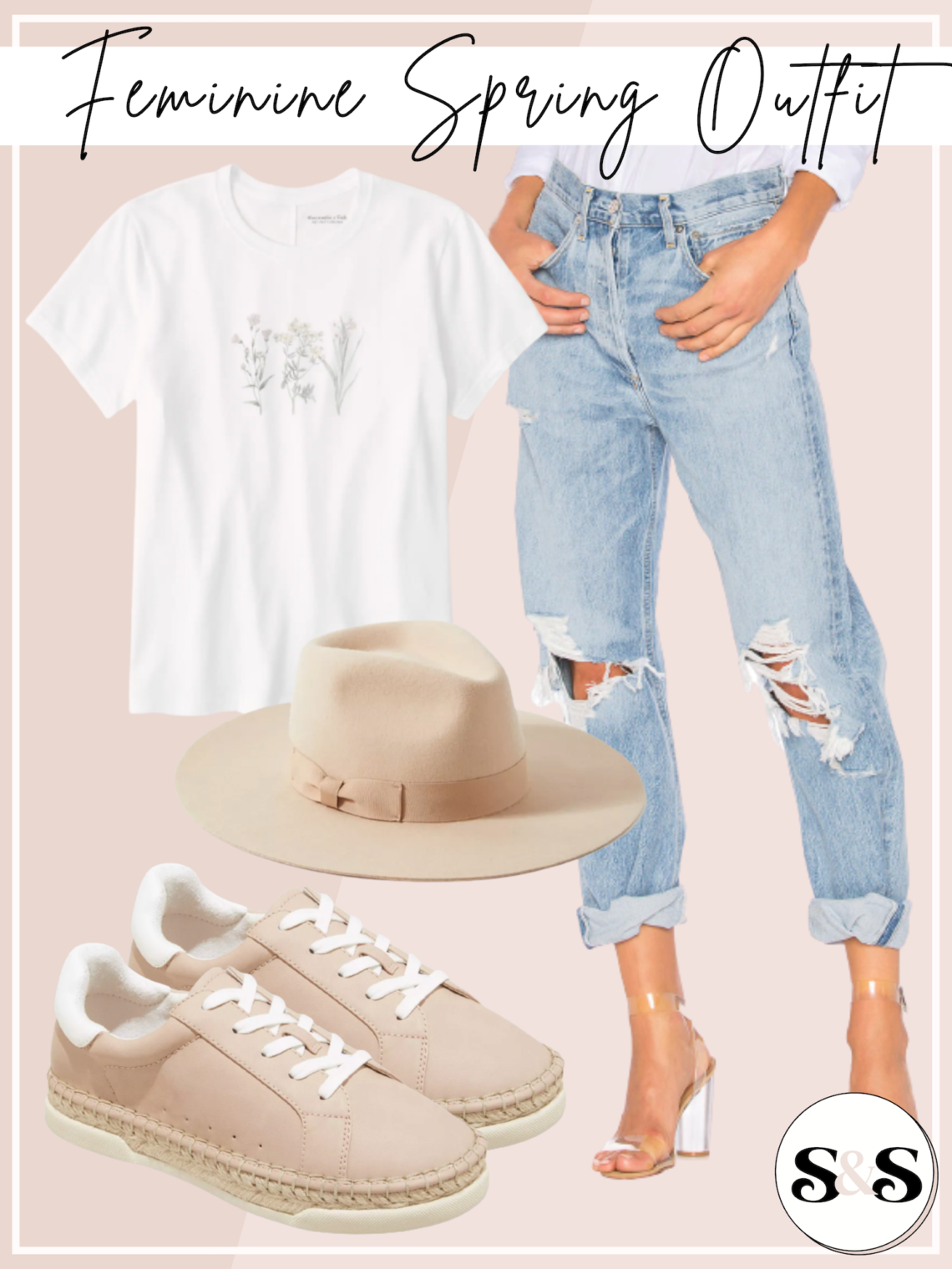 feminine spring outfit with high waisted distressed jeans and blush pink sneakers with a floral print tee shirt and light tan fedora hat